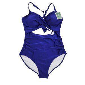 Womens Royal Blue Cutout One-Piece Swimsuit Crossed Straps Ruched Sides  Size XL